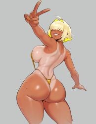 1girls ass backboob big_ass big_breasts blonde_hair breasts elegg_(nikke) female female_only goddess_of_victory:_nikke hair hair_over_eyes looking_back mole mole_on_ass nail_polish nails peace_sign revealing_clothes shaardy short_hair skimpy skimpy_bikini slingshot_swimsuit smile solo solo_female swimsuit_tan tan tan_body tan_skin tanline tanlines tanned tanned_female tanned_skin thick_thighs thighs yellow_nail_polish yellow_nails yellow_slingshot_swimsuit