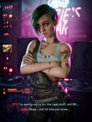1girls 2025 3d aleksor alternate_eye_color alternate_version_available arms_crossed belt black_nail_polish blender_(software) blue_eyes cat_eyeliner cyberpunk_2077 dyed_hair english english_text eyeliner female female_only green_and_purple_hair hip_tilt image_set in-game_background in-universe_location indoors judy_alvarez light_makeup lipstick nail_polish no_nude no_nudity non-nude non_nude overalls painted_nails safe safe_for_work shaved_side shirt short_hair solo standing tattoo tattoos tattoos_everywhere text winged_eyeliner