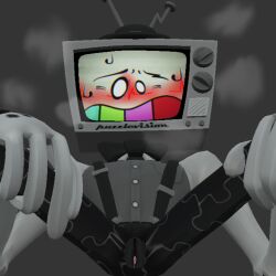 blush breath_cloud clothed clothing cuntboy cuntboy_only edit edited glitch_productions goodbudsog grey_background intersex lowres mr._puzzles non-human non-human_only object_head prisma3d pussy pussy_juice ripped_pants screenshot_edit shy shy_expression simple_background smg4 tv_head