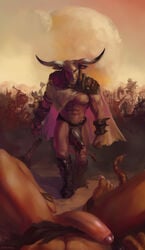 2017 abs anthro armor balls battle biceps biped black_penis boots bovine cape cattle chunie claws crowd detailed_background dray dungeons_and_dragons duo_focus footwear furry gay glans gloves group highres horn humanoid_penis loincloth loincloth_aside looking_at_viewer lying male male_only mammal melee_weapon minotaur moon muscles muscular_male navel nipples on_back outdoors partially_retracted_foreskin pecs penis polearm scalie shoulder_guards sky smile toe_claws uncut walking weapon yaoi