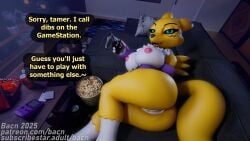 2025 3d_(artwork) absurd_res anthro areola ass bacn bandai_namco bedroom_eyes big_breasts black_sclera breasts canid canine casual_nudity chips_(food) claws controller detailed_background digimon digimon_(species) digital_media_(artwork) doritos electronics english_text female food fox frito-lay furniture game_boy game_boy_family game_console game_controller genitals handheld handheld_console hi_res holding_object huge_breasts inside looking_at_viewer lying mammal narrowed_eyes nintendo nintendo_console nipples nude on_side open_mouth popcorn presenting presenting_hindquarters pussy renamon renamon_(bacn) seductive smile sofa solo tail talking_to_viewer text vulva white_body wide_hips yellow_body