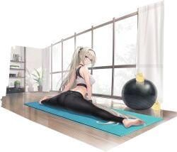 ass azur_lane bare_shoulders barefoot black_hairband black_pants blonde_hair blue_eyes breasts cg choker closed_mouth curtains dumbbell exercise exercise_ball feet female flexible from_behind full_body grey_hair gym hair_ornament hairband indoors large_breasts legs long_hair looking_at_viewer looking_back midriff official_alternate_costume official_art painlevé_(azur_lane) painlevé_(fresh_and_fortunate)_(azur_lane) pants plant ponytail potted_plant purple_eyes sitting soles solo split sports_bra spread_legs stretching toes very_long_hair weights white_sports_bra window wooden_floor yoga_pants