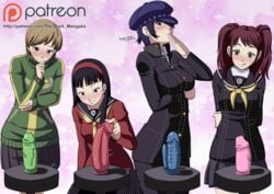 4girls amagi_yukiko big_breasts breasts dildo female fully_clothed group human investigation_team jacket kujikawa_rise multiple_girls outerwear persona persona_4 satonaka_chie shirogane_naoto sportswear the_dark_mangaka tomboy topwear track_jacket