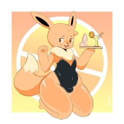 absurd_res anthro anthrofied black_clothing black_leotard bodily_fluids brown_eyes bulge clothing dipstick_tail eevee front_view fur generation_1_pokemon gradient_background hi_res holding_object holding_sex_toy kneeling leotard looking_at_viewer male markings mc233tkx navel_outline neck_tuft nintendo open_mouth orange_background orange_body orange_fur pokemon pokemon_(species) pokemorph sex_toy simple_background slightly_chubby solo sweat sweatdrop tail tail_markings tan_body tan_fur thick_thighs tuft white_background wide_hips yellow_background