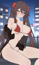 1girls ai_generated big_ass big_breasts blurry_background brown_hair female female_only floriangess flower flushed flushed_face genshin_impact hair_ornament hu_tao_(genshin_impact) masturbation motion_lines night panties red_bikini red_bikini_top red_eyes red_panties sitting smile squirting thighs thong