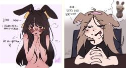 2girls bangs blush blush_lines bow brie_(lidipon) brown_hair bunny bunny_ears bunny_girl bunnygirl clothed comic comic_page comic_panel couple english english_text female female_focus female_only freaky funny funny_face glasses hair hair_ornament hair_ribbon helena_(lidipon) kemonomimi lesbian_couple lidipon mouse mouse_ears mouse_girl mouse_tail naked naked_female oc original original_artwork original_character original_characters painted_nails rabbid rabbit rabbit_girl rabbit_humanoid red_eyes ribbon ribbon_in_hair smiling smug smug_expression smug_face smug_grin tongue tongue_out yuri