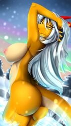 aisyah_zaskia_harnny anthro areola ass breasts dragon dragoness female harnny horns looking_at_viewer looking_back nipples nude outdoors scalie snow solo tail winter