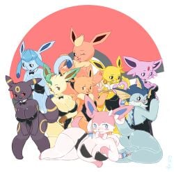 absurd_res all_nine_eeveelutions anthro anthrofied ass big_breasts big_butt black_body black_bow_tie black_clothing black_eyes black_fur black_leotard black_nose black_sclera blue_body blue_eyes blue_fur blue_scales blush blush_lines bodily_fluids bow_tie breasts brown_body brown_eyes brown_fur bulge cat_smile cleavage clothed clothing dipstick_ears dipstick_tail ear_fins ear_markings eevee eeveelution espeon eyelashes female fin fish_tail flareon forehead_gem forked_tail front_view fur gem glaceon gloves_(marking) green_tail grey_clothing grey_legwear grey_thigh_highs group hand_on_hip head_tuft hi_res hip_tuft holding_object holding_sex_toy huge_breasts jolteon kneeling leafeon leg_markings legwear leotard looking_at_viewer looking_back looking_back_at_viewer lying male markings mc233tkx multicolored_ears navel_outline neck_tuft nintendo on_one_leg on_side one_eye_closed open_mouth open_smile orange_body orange_fur pawpads pink_body pink_fur pokeball pokeball_background pokemon pokemon_(species) pokemorph purple_body purple_fur rear_view red_body red_fur red_sclera scales sex_toy simple_background slightly_chubby smile socks_(marking) solo standing sweat sweatdrop sylveon tail tail_markings tan_body tan_fur thick_thighs thigh_highs tuft umbreon unusual_anatomy unusual_tail vaporeon white_background white_body white_eyes white_fur wide_hips wink winking_at_viewer yellow_body yellow_fur yellow_markings