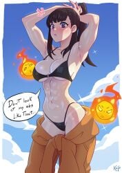 abs armpits arms_up artist_name bikini bikini_tan black_bikini black_hair blue_sky blush breasts cg cleavage clothes_around_waist cloud collarbone cowboy_shot day en'en_no_shouboutai enen_no_shouboutai english_text female fire fire_force highleg highleg_bikini jumpsuit kajinman large_breasts long_hair looking_at_viewer muscular muscular_female navel o-ring o-ring_bikini orange_jumpsuit outdoors oze_maki ponytail purple_eyes shiny_skin sky solo sparkle speech_bubble standing stomach swimsuit tan tanlines toned tying_hair underboob