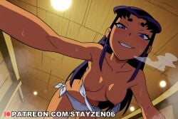 1girl ai ai_art ai_generated all_fours bikini bikini_bottom_only blush breasts breath ceiling ceiling_light collarbone fisheye from_below grin hanging_breasts heavy_breathing indoors long_hair looking_at_viewer medium_breasts naked_towel naughty_face nipples perspective pov purple_eyes purple_hair sauna smile solo steam steaming_body sweat swimsuit teen_titans topless towel wardrobe_malfunction white_bikini