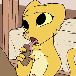 2017 anthro bed breasts faceless_male fangs fellatio female filthypally fur handjob human katia_managan licking male mammal nipples nude open_mouth oral penis precum prequel sex straight the_elder_scrolls tongue tongue_out video_games webcomic yellow_fur