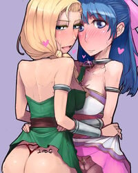 ass back_tattoo bianca_whitaker blonde_hair blue_eyes blush bow braid breasts choker cleavage clothing dragon_quest dragon_quest_v dress dress_lift flora_(dragon_quest) hair_over_shoulder long_hair medium_breasts misonou_hirokichi nera_briscoletti open_mouth panties pussy single_braid smile tattoo tied_hair tramp_stamp