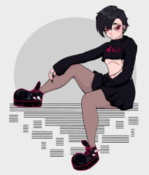 1femboy black_hair blush cute cute_face femboy goth goth_boy male red_eyes shoes skirt sweater