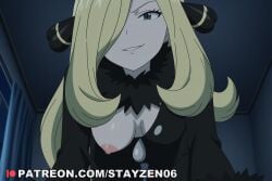 1girl ai ai_art ai_generated all_fours anime_coloring blonde_hair breast_slip breasts ceiling coat curtains cynthia_(pokemon) eyelashes from_below fur-trimmed_coat fur_collar fur_trim grey_eyes grin hair_ornament hair_over_one_eye hanging_breasts indoors long_hair long_sleeves looking_at_viewer medium_breasts night night_sky nipples no_bra one_breast_out parted_lips pokemon pov smile solo window