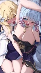 2girls armpit_focus armpits blonde_hair blue_eyes blue_hair blush breasts chinese_commentary commentary_request eoum fingering flower genshin_impact hair_flower hair_ornament highres kamisato_ayaka large_breasts licking licking_armpit looking_at_another lumine_(genshin_impact) multiple_girls nose_blush one_eye_closed open_mouth pussy_juice saliva saliva_trail sweat thighs tongue tongue_out white_flower yellow_eyes yuri