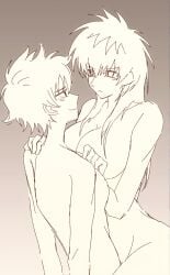 2girls big_breasts breast_press breast_size_difference canon_genderswap cleavage completely_nude female female_only frown genderswap_(mtf) ginko_sakata gintama gintoki_sakata hijikata_toshiro long_hair male monochrome nude rule_63 short_hair smile very_short_hair