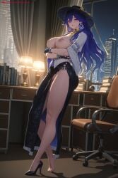 1girl ai_generated arms_under_breasts breast_hold breasts breasts_outside crossed_arms dress earrings gloves hat hi_res high_heels high_quality high_resolution jewelry kiraamane large_breasts long_hair looking_at_viewer lucilla_(wuthering_waves) mole nipples patreon seductive sexy solo standing uncensored watermark wuthering_waves