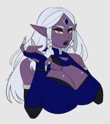 1girls athorment_oc big_breasts camikiki cleavage dark_elf drow elf_ears elf_female elf_girl female female_focus female_only looking_at_viewer pinup purple_skin ringwaldt shezire_(athorment) tagme white_hair yellow_eyes