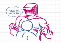 block_head blu_(puzzleheads) blushing boobs buff holding_breast man_boobs puzzleheads rhett_(puzzleheads) size_difference