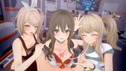 00233_zhao 1boy 3d 3girls after_orgasm after_paizuri apron big_breasts blonde_hair blowjob_gesture blue_eyes blush boobjob breasts breasts_squeezed_together brown_hair closed_eyes cum cum_string elmo_dormitory_outfit fellatio_gesture female girls'_frontline girls'_frontline_2:_exilium grey_eyes k2_(girls'_frontline) koikatsu large_breasts long_hair looking_at_viewer male naked_apron open_mouth paizuri penis sharkry_(girls'_frontline_2) side_ponytail tongue tongue_out vepley_(girls'_frontline_2) yoohee_(girls'_frontline_2) yoohee_(miracle_sweetheart)_(girls'_frontline_2)