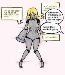 1female 1girls 1robot 1robot_girl arm_cannon clanker dakimakura dakimakura_design diddlesdoodles metal_skin metallic_body naked naked_female oc original_character robot robot_girl robot_humanoid robot_joints segmented_body text text_box text_bubble yellow_eyes yellow_hair yellow_nipples