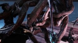 au_ra dark-skinned_female ffxiv final_fantasy final_fantasy_xiv kraken miqo'te monster pale-skinned_female partially_clothed sailing_boat suprised tendrils tentacles
