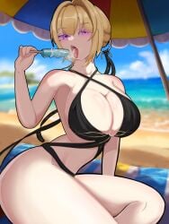 1girls bangs beach beach_umbrella bikini black_bikini black_swimsuit blonde_hair blush breasts cleavage cloud day evelyn_chevalier eyebrows_visible_through_hair hair_intakes large_breasts looking_at_viewer manman ocean open_mouth outdoors parasol popsicle purple_eyes sand sky solo swimsuit tongue tongue_out umbrella zenless_zone_zero