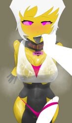 1boy 1boy1girl 1girls ahegao anon anonymous_artist anonymous_male female_focus finger_in_mouth geometry_dash musk pink_eyes robot robot_girl sweat sweating thumb_in_mouth trianna_(yellolight) white_hair yellow_body