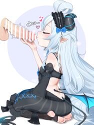 1boy 1girl absurdres akugaki_koa bar_censor black_dress black_sleeves black_socks black_tail blue_horns blue_wings censored chromashift closed_eyes commission demon_girl demon_horns demon_tail demon_wings detached_sleeves disembodied_penis dress fellatio goki_buri grey_hair heart hetero highres horns kissing_penis long_hair long_sleeves oral penis pixiv_commission pointy_ears revision sitting socks soles stirrup_legwear striped_horns tail testicles toeless_legwear toes twitching_penis very_long_hair virtual_youtuber wariza wings