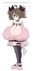 1girl 39chan black_bow black_choker bow breasts brown_hair choker cleavage closed_mouth covered_nipples cross cross_necklace diffsinger fishnets full_body gigantic_breasts hair_bow hair_over_one_eye hairclip jirai_kei long_sleeves looking_at_viewer motion_lines pink_hair pink_ribbon pink_shoes purple_eyes purple_thighhighs rakugaki_kt2 request_inset short_hair sleeves_past_fingers solo streaked_hair thighhighs toriko_(39chan) twintails utau white_background