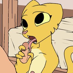 2017 anthro bed breasts faceless_male fangs feline fellatio female filthypally fur handjob human katia_managan licking male mammal nipples nude open_mouth oral penis precum prequel sex straight the_elder_scrolls tongue tongue_out video_games webcomic yellow_fur