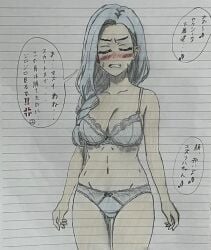 1girls aqua_hair big_breasts blush bra braid braided_hair braided_ponytail breasts clenched_teeth closed_eyes cute embarrassed embarrassed_female etra-chan_saw! female female_only hair_braid hand_drawn hourglass_figure hourglass_figured_female japanese_text lingerie lingerie_only manga medium_breasts panties part_of_a_series perfect_body solo solo_female sweat sweatdrop text_bubble traditional_media_(artwork) underwear underwear_only youtube yuzuriha_(etra-chan_saw!)