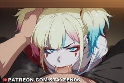 1boy 1girl ai ai_art ai_generated blonde_hair blue_eyes blue_hair breasts dc_comics deepthroat downblouse ear_piercing earrings eyeliner eyeshadow facial_mark fellatio grabbing_another's_hair gradient_hair grey_skin hand_on_another's_head heart_facial_mark hetero irrumatio jewelry lipstick looking_at_viewer makeup mascara multicolored_hair nipple_slip nipples oral pale_skin penis penis_out piercing pink_hair pov pov_crotch red_eyeshadow red_lips runny_makeup saliva shirt sidelocks small_breasts solo_focus sweat twintails two-tone_hair uncensored under_table veins veiny_penis white_shirt