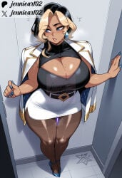 1girl ai_generated artist_name belt black_hair black_shirt blonde_hair blue_eyes blue_footwear blue_nails blush breasts brown_pantyhose cleavage cleavage_cutout clothing clothing_cutout curvy dark-skinned_female dark_skin dildo domina earrings english_text female fingernails footwear full_body heavy_breathing high_heels huge_breasts jacket jacket_on_shoulders jennieart02 jewelry large_breasts legs_together lips looking_to_the_side miniskirt multicolored_hair nail_polish overwatch overwatch_2 pantyhose parted_lips patreon patreon_logo patreon_username pencil_skirt pussy_juice sex_toy shirt shoes skirt solo standing sweat thick_thighs thighs tiles triangle_earrings twitter twitter_username two-tone_hair vibrator vibrator_under_clothes watermark web_address white_jacket white_skirt