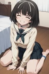 1girl ai_assisted ai_generated anklet bare_shoulders barefeet bedroom cleavage curvy_body detailed_feet euphoria eyes_half_closed feet_up grin hokari_kanae looking_at_viewer narrow_waist petite prone_position round_ass sitting_on_floor small_breasts soft_breasts source_anime the_pose tired wide_hips