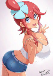 2d 2d_(artwork) 2d_artwork ass ass_cleavage ass_crack big_ass big_breasts blue_eyes boobs booty booty_shorts breasts butt clothed fully_clothed huge_breasts large_breasts looking_at_viewer no_bra ozrereresan peace_sign pokemon pokemon_bw red_hair shorts skyla_(pokemon) smile smiling smiling_at_viewer tits white_background white_shirt white_topwear