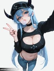 1girl ai_generated akame_ga_kill! arlequin097 black_choker black_headwear black_horns black_nails black_panties blue_eyes blue_hair blue_pants blush borrowed_character breasts bubble_blowing chewing_gum choker cleavage cleavage_cutout clothing_cutout collarbone covered_nipples crop_top demon_horns denim esdeath_(akame_ga_kill!) foreshortening from_above hair_between_eyes hat highleg highleg_panties horns jeans large_breasts long_hair long_sleeves looking_at_viewer midriff nail_polish navel panties pants panty_straps peaked_cap selfie simple_background solo standing stomach thong underwear v very_long_hair white_background