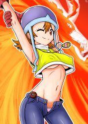1girl big_ass big_breasts birdramon digimon digimon_(species) jeans matz panties sora_takenouchi underboob