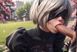1boy 1boy1girl 1girls 2b_(nier:automata) ai_generated black_blindfold black_dress black_gloves black_hairband blindfold blowjob_while_penetrated blurry cherry_blossoms clothing_cutout covered_eyes day dress erection fellatio female flower gloves grass grey_hair hairband hetero hi_res lips male_pubic_hair mole mole_under_mouth nier:_automata nier_(series) nier_replicant nose oral outdoors penis petals pubic_hair puffy_sleeves r34arts saliva short_hair solo_focus uncensored upper_body white_hair yorha_2b