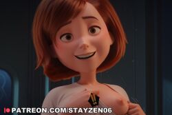 ! !! 1girl ai ai_art ai_generated breasts brown_eyes brown_hair clothes_pull flashing grin indoors loli looking_at_viewer nipples no_bra one_breast_out open_mouth pulled_by_self shirt shirt_pull short_hair small_breasts smile solo sweat teasing teeth the_incredibles upper_body white_shirt