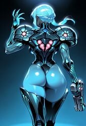 1girls ai_generated arm_cannon armor ass blue_hair blue_skin civitai dark_samus from_behind massbrainimpact metroid nintendo power_suit simple_background solo stable_diffusion thong_leotard wide_hips