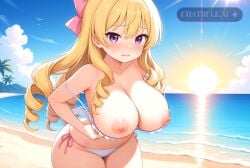 1girl ai_assisted ai_generated anime_screencap bare_shoulders bashful beach bikini blonde_hair blue_sky blush blushing collarbone colorful contrast curvaceous curvy daytime detailed_face dramatic_lighting drill_hair eyelashes full_breasts hair_between_eyes highly_detailed hourglass_figure large_breasts long_hair looking_at_viewer loose_bikini motion_lines naked narrow_waist nipples oversized_breasts parted_lips pink_lips purple_eyes round_breasts sand sea short_girl shortstack shy soft_breasts soft_thighs spherical_breasts sun thick_thighs top_heavy undressing voluptuous wavy_mouth white_clouds wide_hips