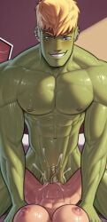 1boy1girl abs ai_generated blonde_hair cheating_boyfriend cum_inside ear_piercing gay_male gay_with_woman green_skin huge_cock hulkling marvel_comics muscular_male ntr orientation_play penis_in_pussy six_pack teddy_altman veiny_penis