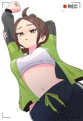 1girls breasts brown_eyes brown_hair forehead game_freak green_jacket harmony_(pokemon) jacket looking_at_viewer midriff navel nintendo open_clothes open_jacket pants pokemon pokemon_legends:_z-a seika_(pokemon) shirt shorts solo