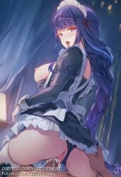 1boy 1girl 2026 ai_generated alternate_costume anus apron ass ass_grab back_bow black_dress black_panties blush braid braided_ponytail breasts breasts_out censored clothed_sex clothes_lift clothing_aside cocomiyart cum cum_in_pussy dress enmaided frills from_behind genshin_impact girl_on_top hetero highres indoors juliet_sleeves large_breasts long_hair long_sleeves looking_at_viewer looking_back maid maid_apron maid_headdress mole mole_under_eye mosaic_censoring nipples nsfw open_mouth panties panties_aside penis puffy_sleeves purple_eyes purple_hair pussy raiden_shogun reverse_cowgirl_position sex sex_from_behind solo_focus straddling thighhighs tongue tongue_out uncensored underwear vaginal very_long_hair white_apron white_thighhighs