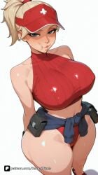 1girl ai_generated angela_ziegler arms_behind_back artist_name bare_shoulders belt_pouch blizzard_entertainment blonde_hair blue_eyes breasts clothes_around_waist covered_nipples crop_top curvy hat large_breasts lifeguard_mercy looking_at_viewer mercy midriff navel overwatch overwatch_2 patreon ponytail pouch pout questionable red_headwear red_sweater senpai_pixels sensitive shorts simple_background sleeveless solo sweat sweater sweater_around_waist tan tanlines thick_thighs thighs visor_cap white_background