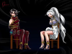 2girls black_hair bondage bound bound_and_gagged bound_ankles bound_arms bound_hands bound_legs bound_to_chair bound_torso bound_wrists cinder_fall gagged rope_bondage rope_harness rwby weiss_schnee white_eyes white_hair yellow_eyes
