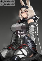 1boy 1girl ai_generated animal_ears arknights arknights:_endfield armor artist_name avywenna_(arknights:_endfield) bare_shoulders black_skirt blonde_hair blue_eyes blush boots breasts clothed_sex clothing detached_sleeves female girl_on_top gradient_background grey_background grey_eyes grey_hair hair_between_eyes heavy_breathing hetero heterochromia high_heel_boots implied_sex jennieart02 large_breasts looking_down mole parted_lips patreon patreon_logo patreon_username pleated_skirt rabbit_ears rabbit_girl short_hair sitting sitting_on_face sitting_on_person skirt solo solo_focus steaming_body straddling sweat tail thigh_boots thighs twitter twitter_username viera wariza watermark