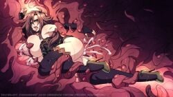 1girl ass breasts breasts_out brown_hair crescentia_fortuna cum curvy deathblight ejaculation highres lactation large_breasts long_hair nipples open_mouth restrained tentacle_sex tentacles thighs tongue tongue_out