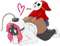 <3 1boy 1girls all_fours ambiguous_penetration artist_request ass blush bob-omb bottomless bottomless_footwear bottomless_hoodie bottomless_shoes breast_squish breasts bubble_butt butt_crack chubby clothing dark_skin doggy_style duo female from_behind_position full_body heart hoodie humanoid male mario_(series) mask nintendo penetration pink_hair sex shy-bomb shy_gal shy_guy simple_background smaller_male upskirt white_background